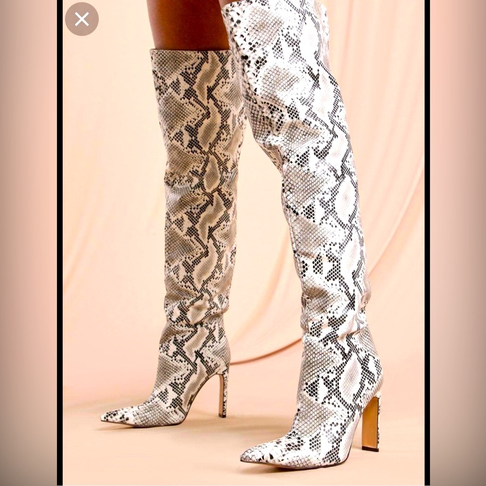 Pretty Little Thing Beige Snake Thigh High Over the Knee Boot size 9